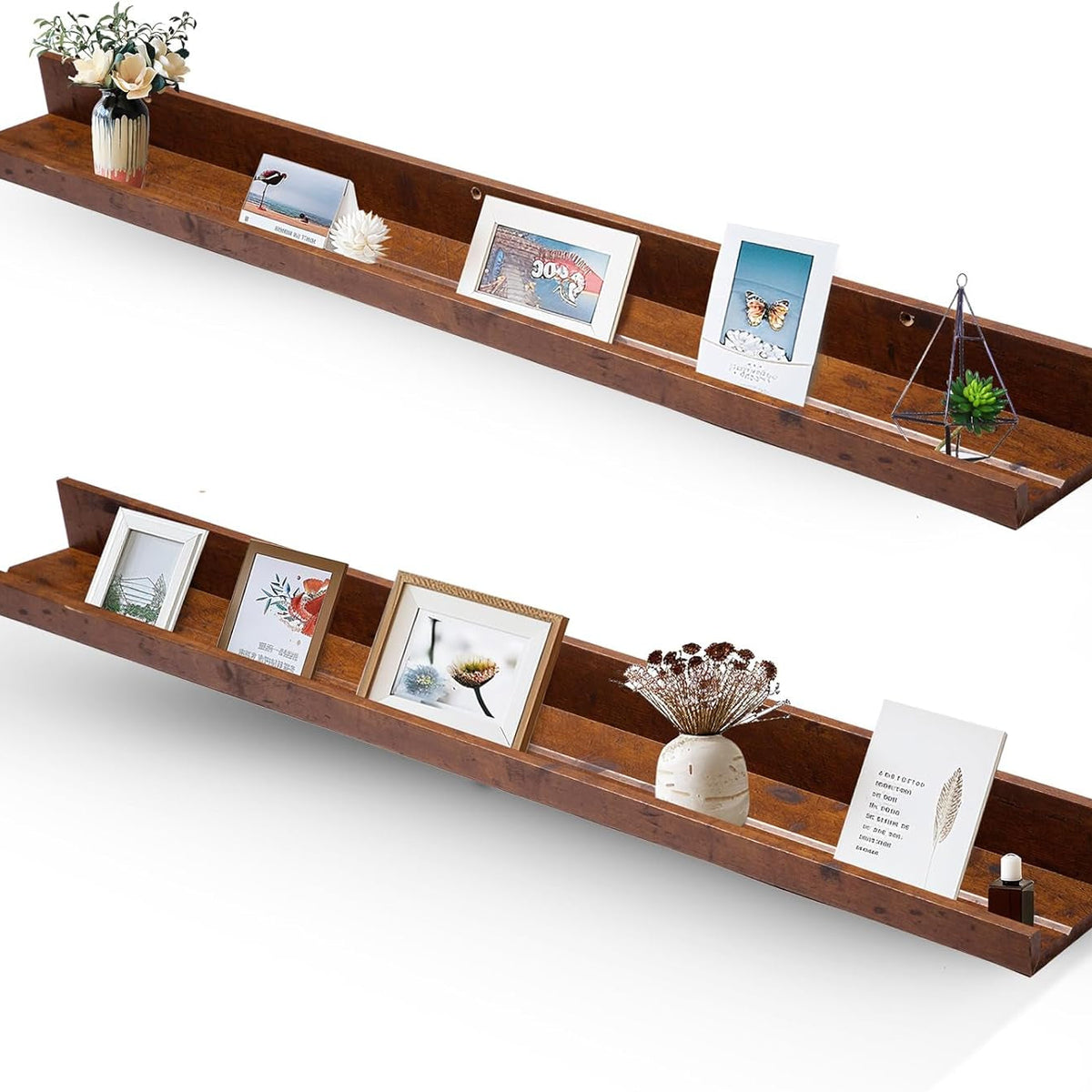 45.3" Large Floating Wall Ledge Shelves with Lip - Set of 2 Rustic Wood Floating Shelves - Honey Brown Wall Mounted Picture Ledge for Office, Bathroom, Bedroom, Living Room, Kitchen