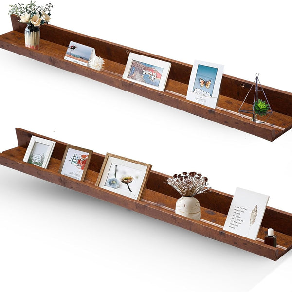 45.3" Large Floating Wall Ledge Shelves with Lip - Set of 2 Rustic Wood Floating Shelves - Honey Brown Wall Mounted Picture Ledge for Office, Bathroom, Bedroom, Living Room, Kitchen