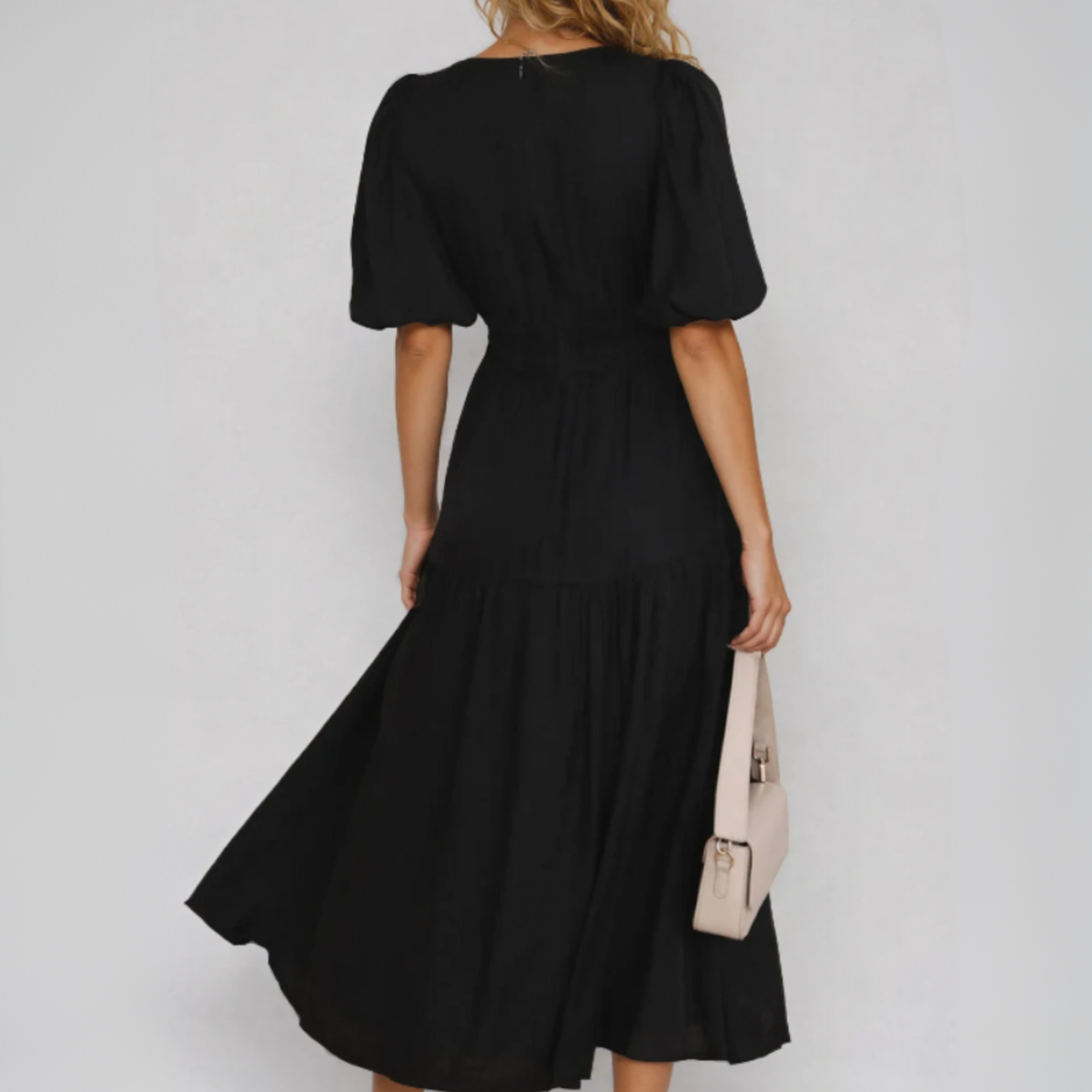 Indie | Midi Dress with V-Neck and Puff Sleeves