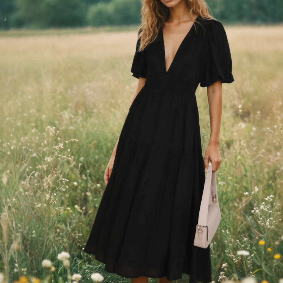 Indie | Midi Dress with V-Neck and Puff Sleeves