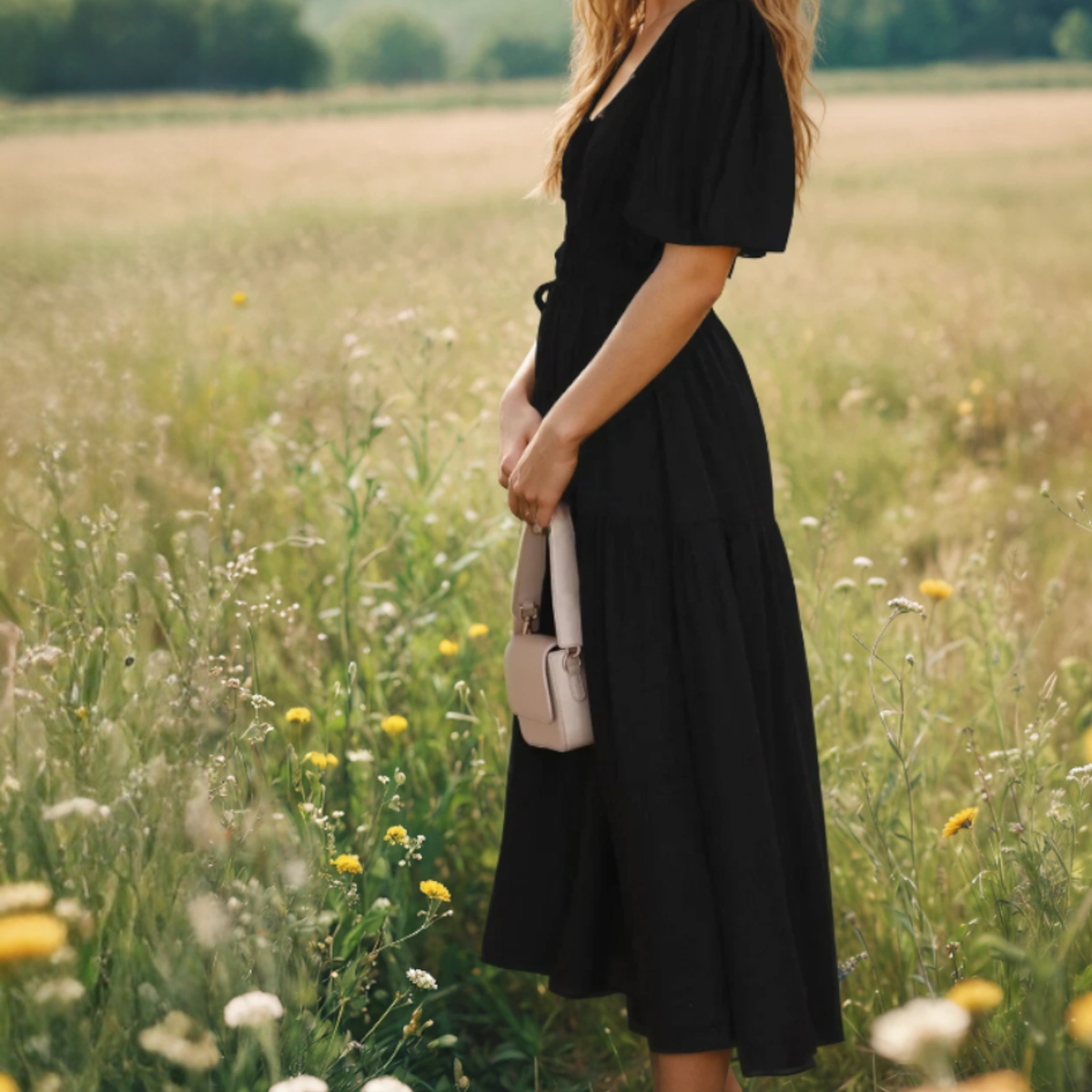 Indie | Midi Dress with V-Neck and Puff Sleeves