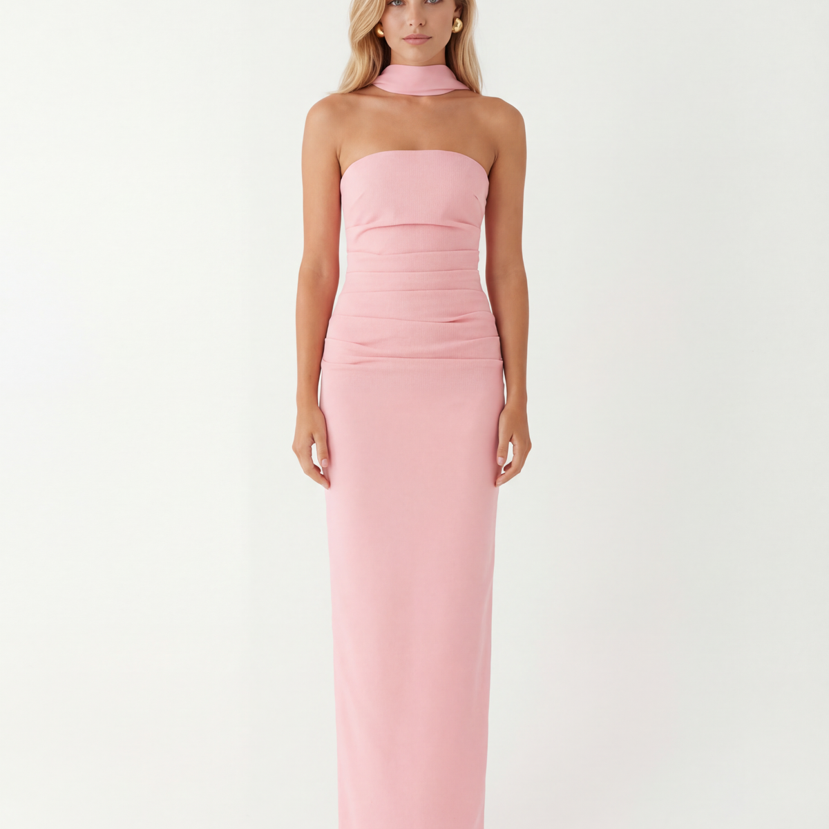 Latoya | Strapless Ruched Maxi Dress with Scarf