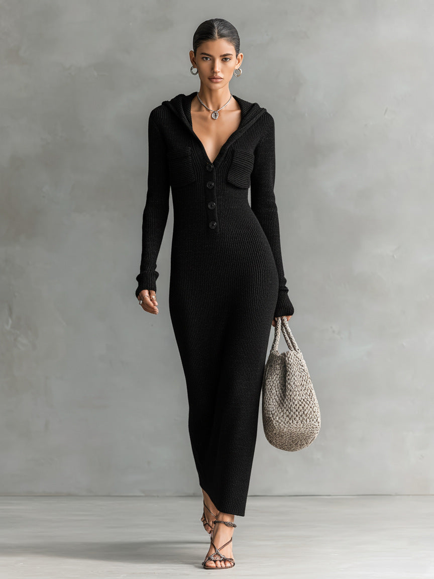 Womens Slim-Fit Half-Neck Hooded Knitted Sweater Dress | Serene Collection