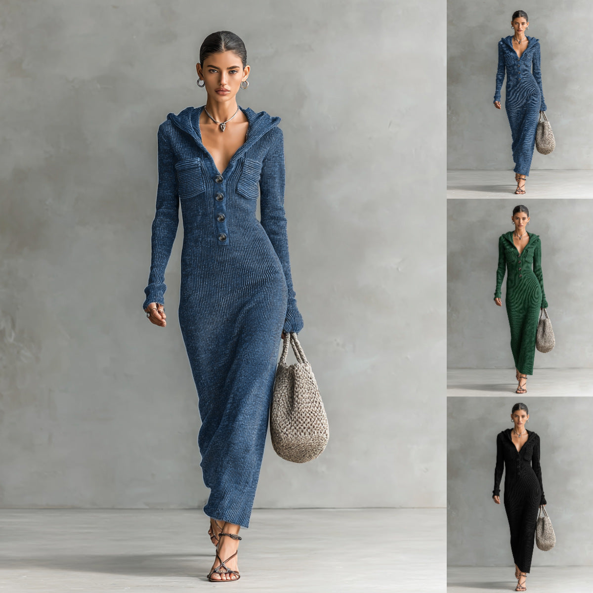 Womens Slim-Fit Half-Neck Hooded Knitted Sweater Dress | Serene Collection