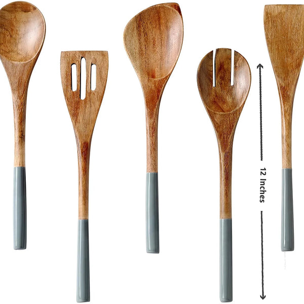 Wooden Spoons for Cooking, Set of 5 Wooden Utensils for Cooking, Nonstick Wooden Cooking Utensils, Kitchen Utensil Sets with Wooden Spoon Sets and Wooden Spatula - Gray/Grey