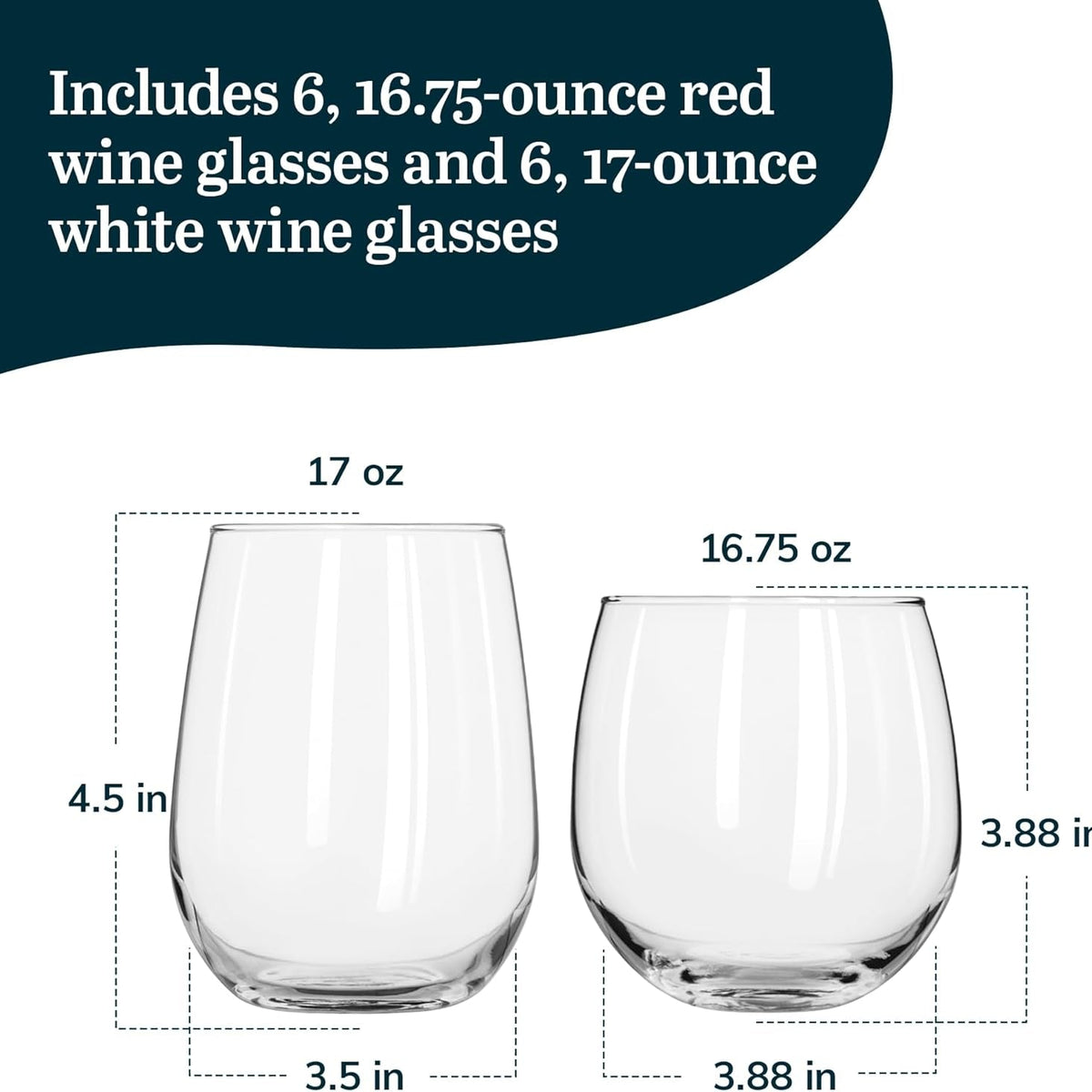 Stemless 12-Piece Wine Glass Party Set for Red and White Wines