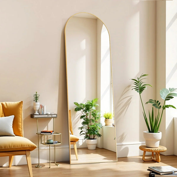 Arched Full Length Mirror with Stand, 64"X21" Floor Mirror with Aluminum Alloy, Tempered Glass Full Body Mirror, Free Standing or Wall-Mounted or Door Mirror for Living Room, Gold