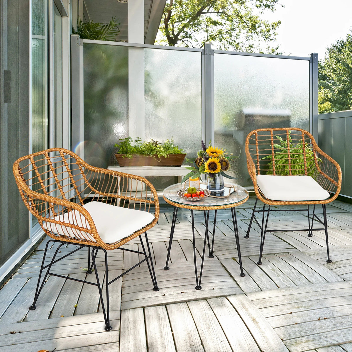 3PCS Patio Rattan Bistro Furniture Set Cushioned Chair Table White