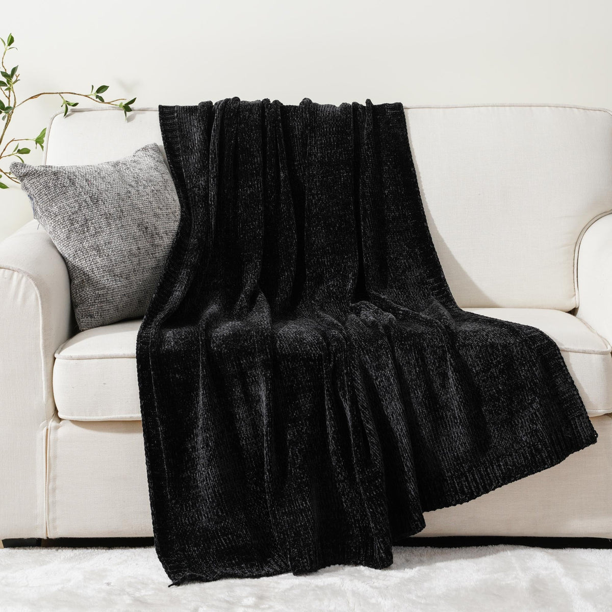 Black Chenille Throws for Couch,Soft Lightweigt Knitted Blanket for Living Room,51"X 67"