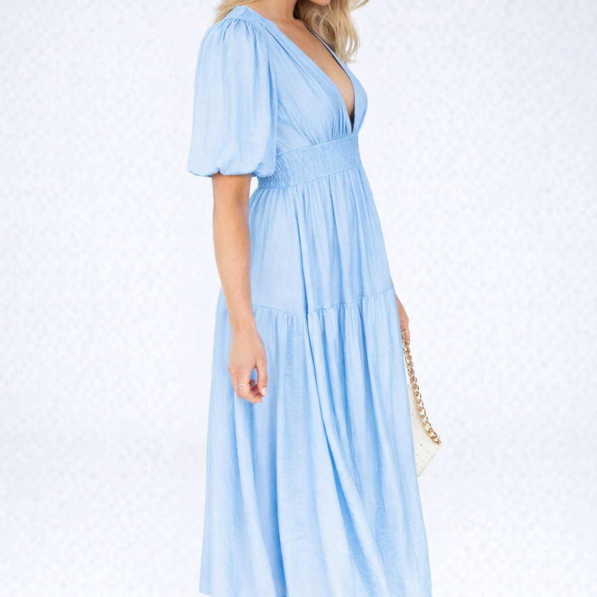 Indie | Midi Dress with V-Neck and Puff Sleeves
