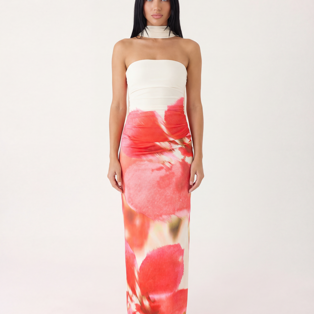 Latoya | Strapless Ruched Maxi Dress with Scarf