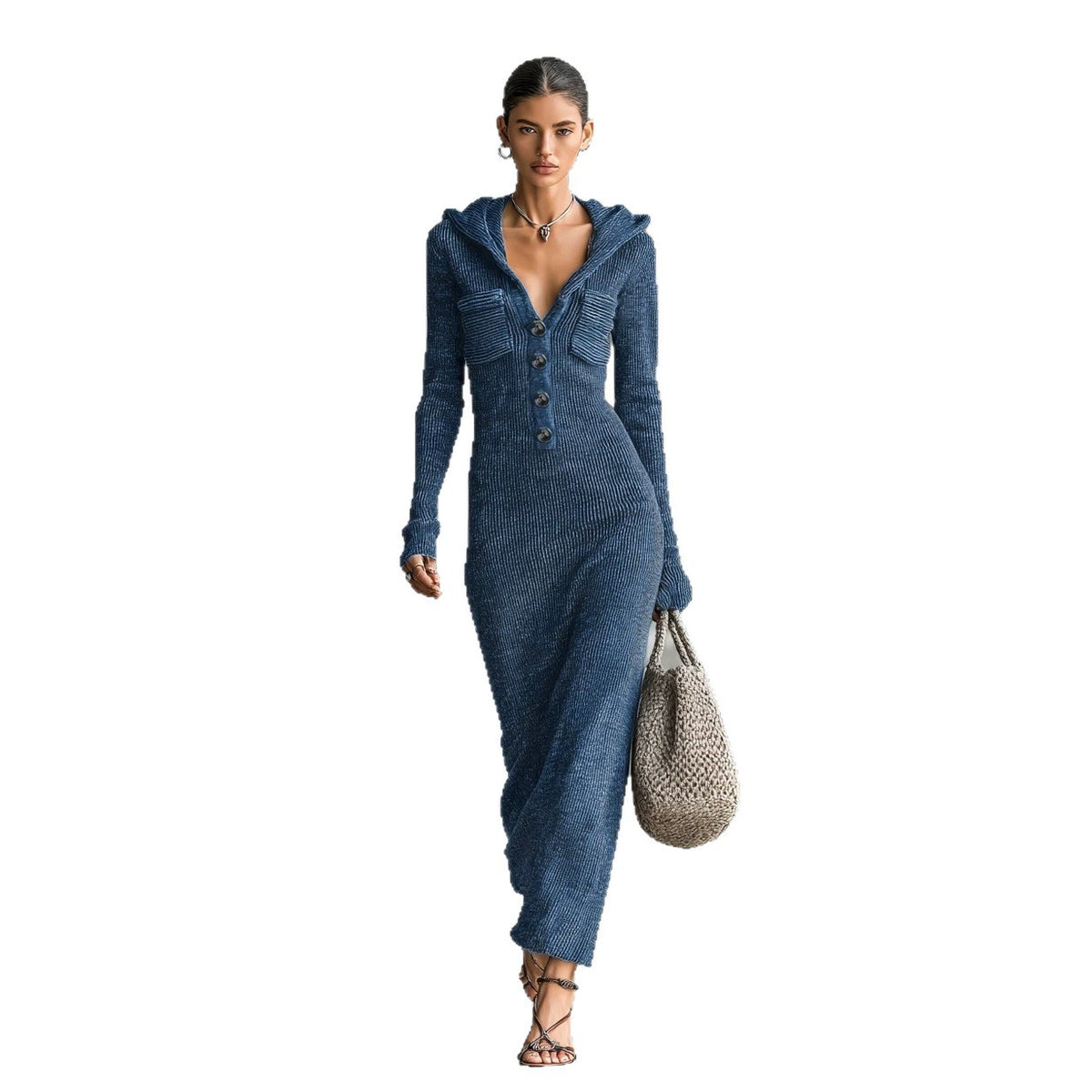 Womens Slim-Fit Half-Neck Hooded Knitted Sweater Dress | Serene Collection