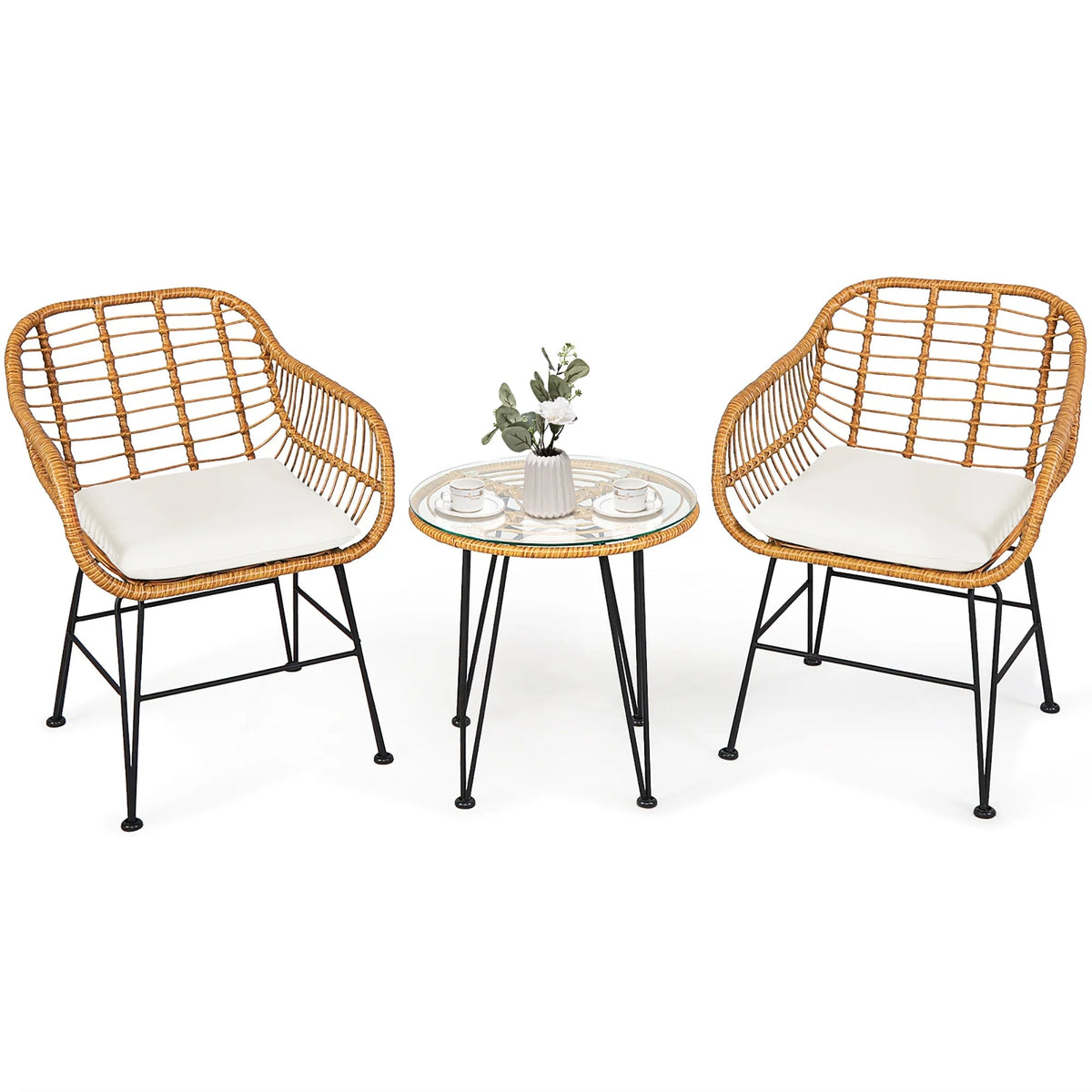 3PCS Patio Rattan Bistro Furniture Set Cushioned Chair Table White