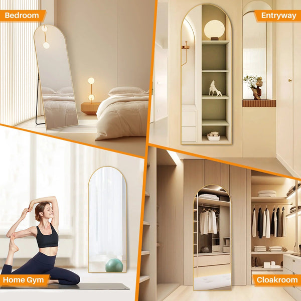 Arched Full Length Mirror with Stand, 64"X21" Floor Mirror with Aluminum Alloy, Tempered Glass Full Body Mirror, Free Standing or Wall-Mounted or Door Mirror for Living Room, Gold