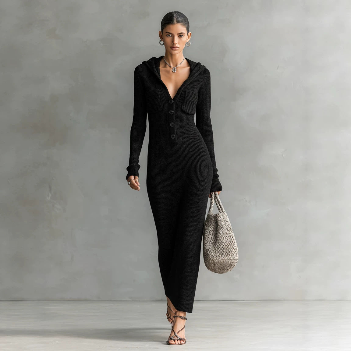 Womens Slim-Fit Half-Neck Hooded Knitted Sweater Dress | Serene Collection