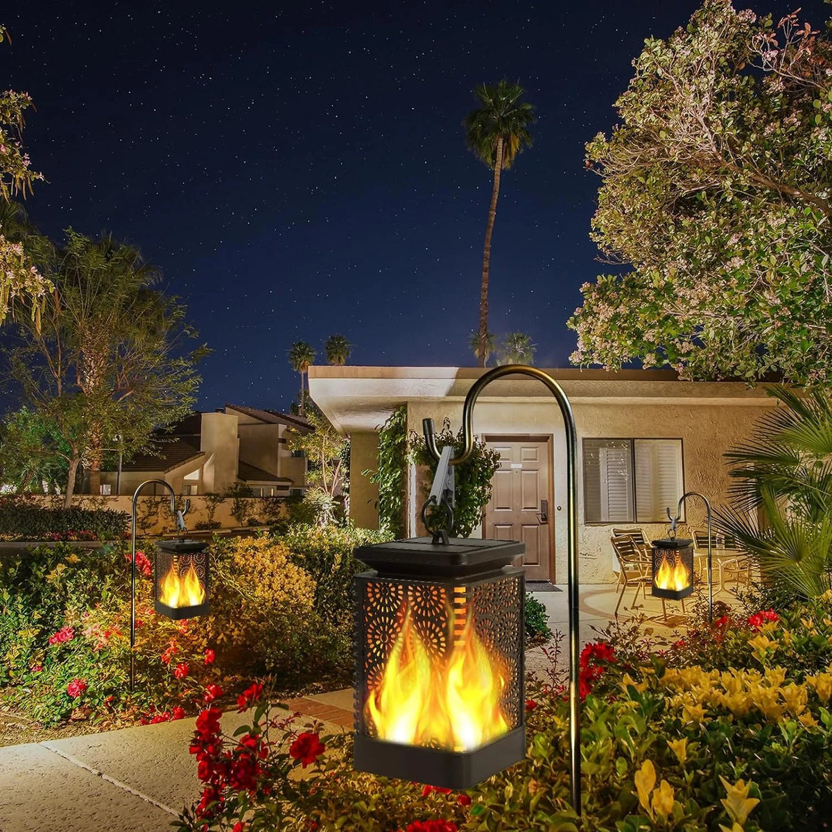 Solar Lights Outdoor, Solar Lantern Flickering Flame Outdoor Waterproof Hanging Lanterns Decorative, Solar Powered Outdoor Lighting LED Christmas Lights for Patio Deck Yard, 2 Pack