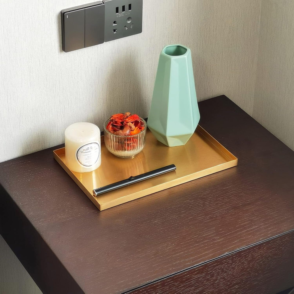 Gold Tray for Bathroom Vanity Brass Decor, Small Candle Holder, Rectangle Soap Dish, Brushed Square Plate, Coffee Table Toilet Back Modern Antique, 8''X12''