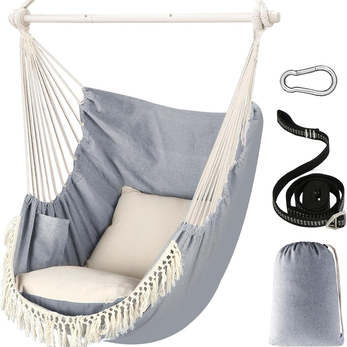 Hammock Chair Hanging Swing Max 500 Lbs 2 Cushions Included Metal Spreader Bar with Anti-Slip Grooves Portable Hanging Chair Side Pocket Large Macrame Bohemian Chair Indoor Outdoor