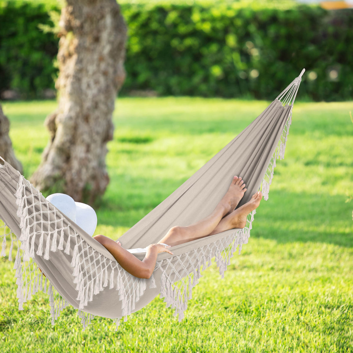40” Wide Brazilian Style Hammock in a Bag with Decorative Fringe & Hanging Hardware, 250 Lb. Capacity