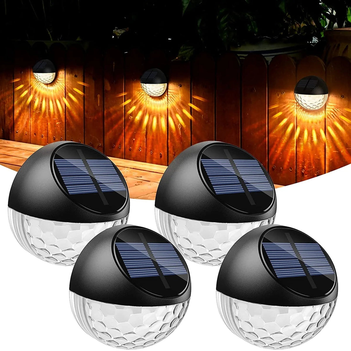 Solar Fence Lights,  4 Pack LED Solar Wall Lights Outdoor, IP65 Waterproof Solar Deck Lights for Wall Deck Post Patio Yard Stairway Path Porch, Warm White