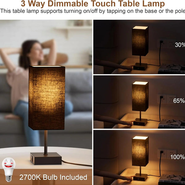 Bedside Table Lamps Set of 2, Touch Bedroom Lamp with USB C+A Charging Ports, 3 Way Dimmable Lamps for Night Stands, LED Bulbs Included