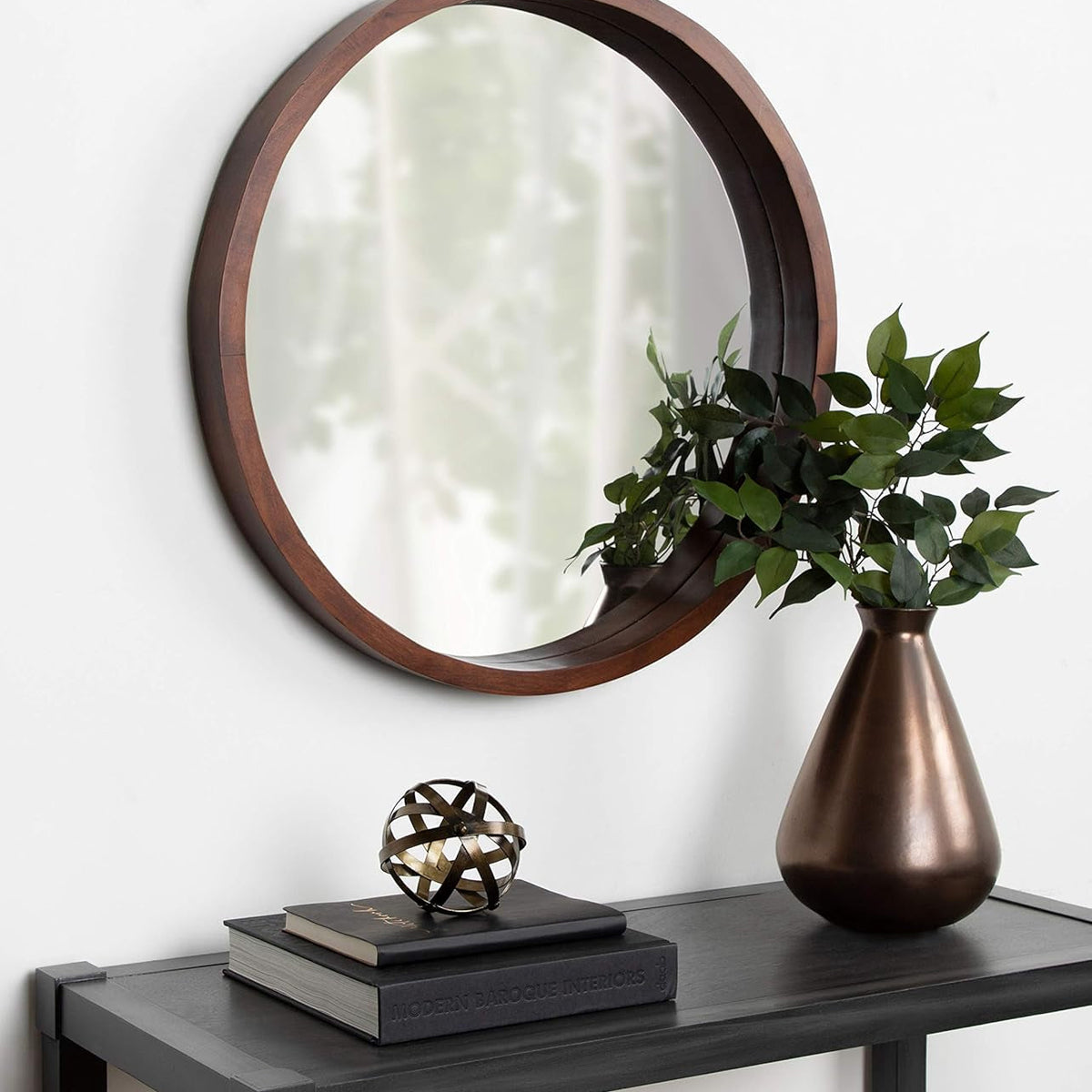 Hutton round Decorative Modern Wood Frame Wall Mirror, 22 Inch Diameter, Walnut Finish