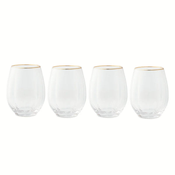 Scalloped Stemless Wine Glasses with Gold Trim, Set of 4