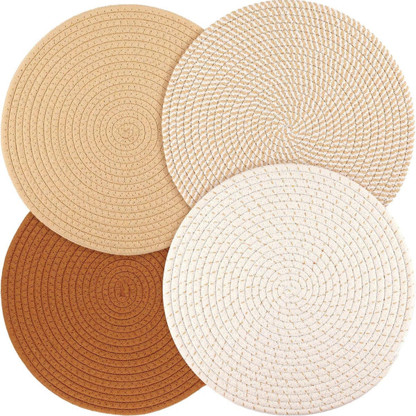 Set of 4 round Woven Placemats, 13-Inch Boho Table Decor for Dining