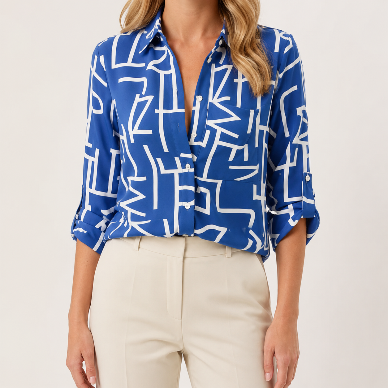 Abstract Print Pointed Collar Long Sleeve Relaxed Blouse | Aveline Collection 0