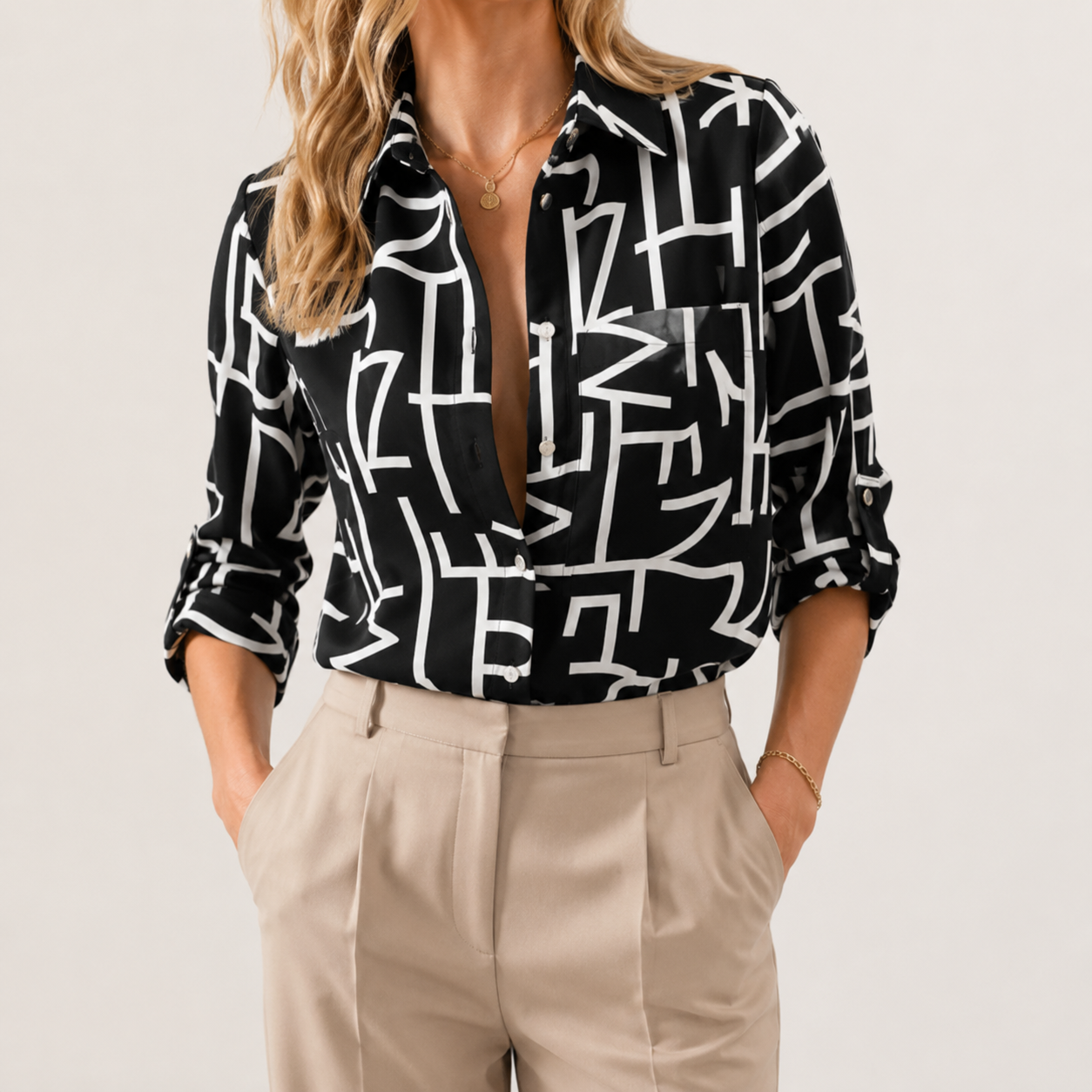 Abstract Print Pointed Collar Long Sleeve Relaxed Blouse | Aveline Collection 1