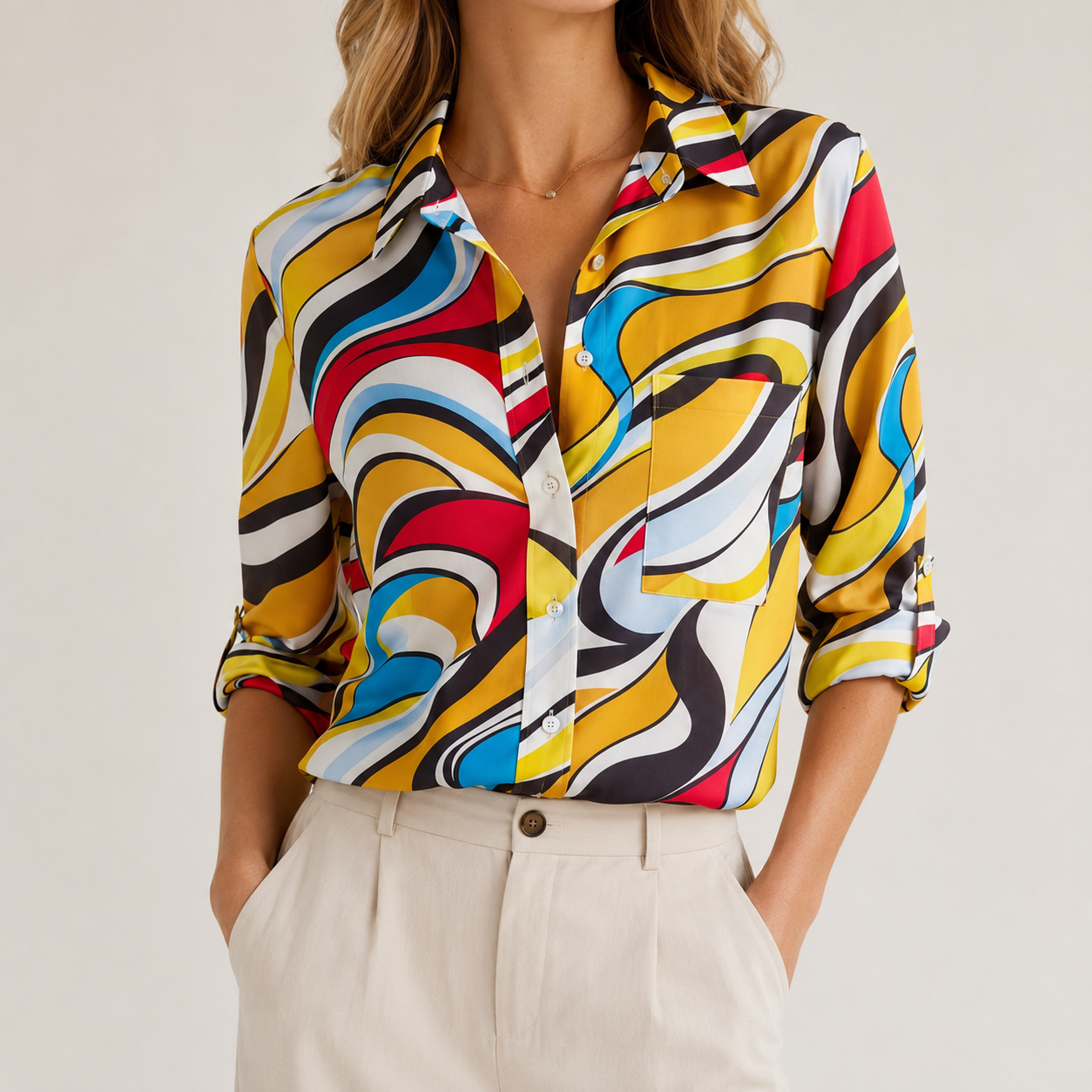 Abstract Print Pointed Collar Long Sleeve Relaxed Blouse | Aveline Collection 5