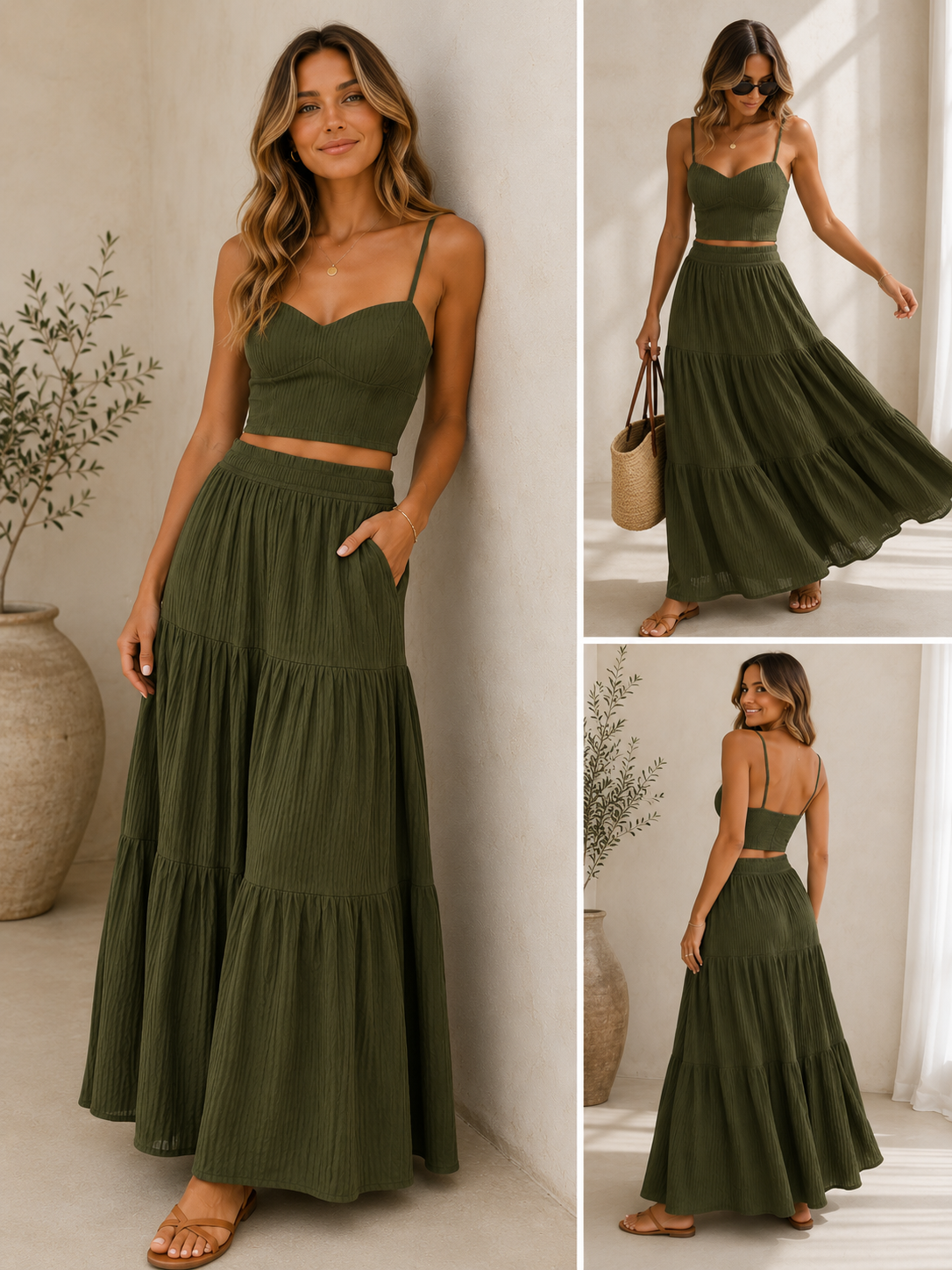 A woman modeling an olive green two-piece set consisting of a cropped camisole top and a matching tiered maxi skirt, shown in a collage with front, side, and back views.
