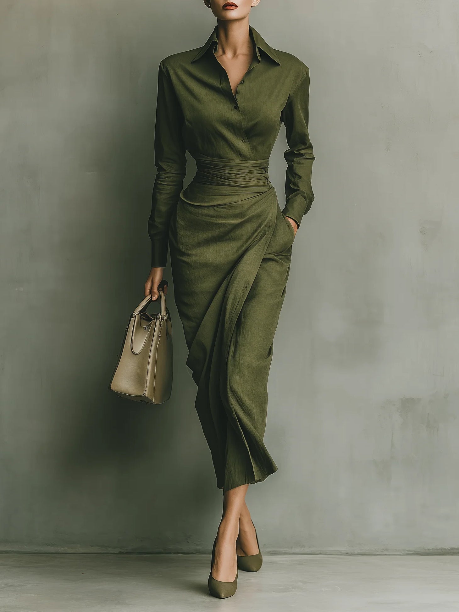Army Green Tailored Long Sleeve Maxi Dress | Eva Collection 0