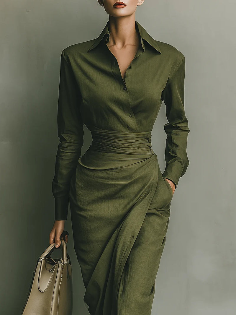 Army Green Tailored Long Sleeve Maxi Dress | Eva Collection 1