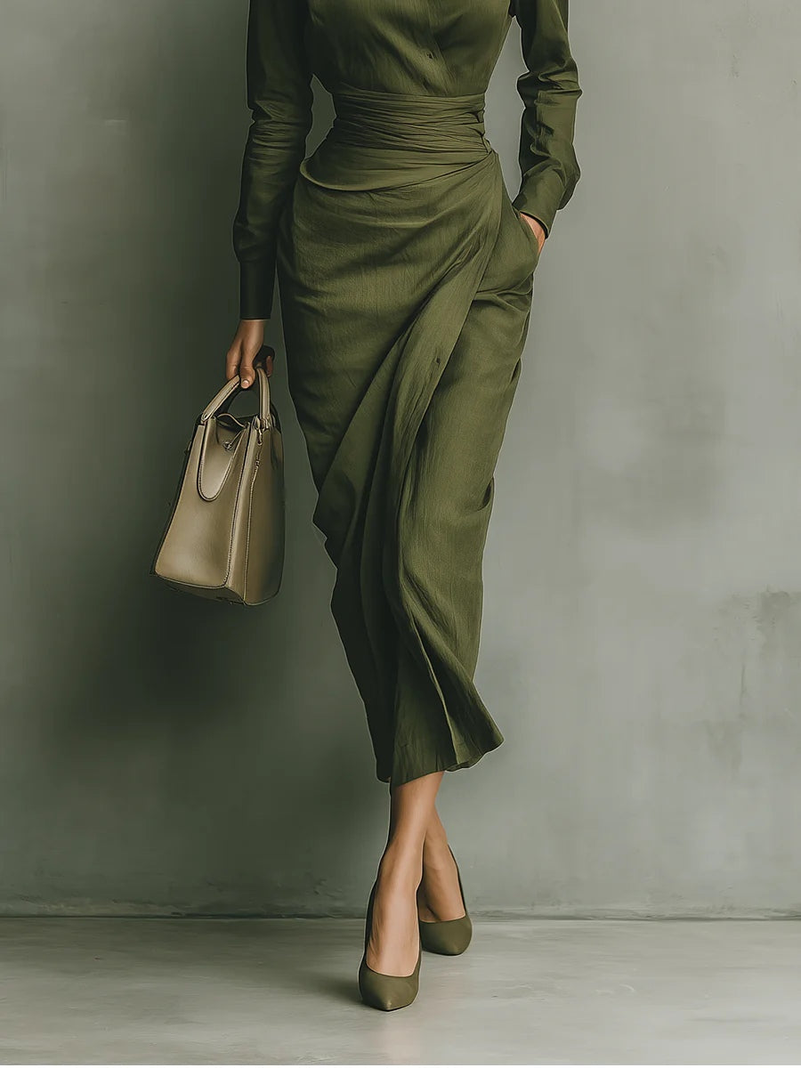 Army Green Tailored Long Sleeve Maxi Dress | Eva Collection 2