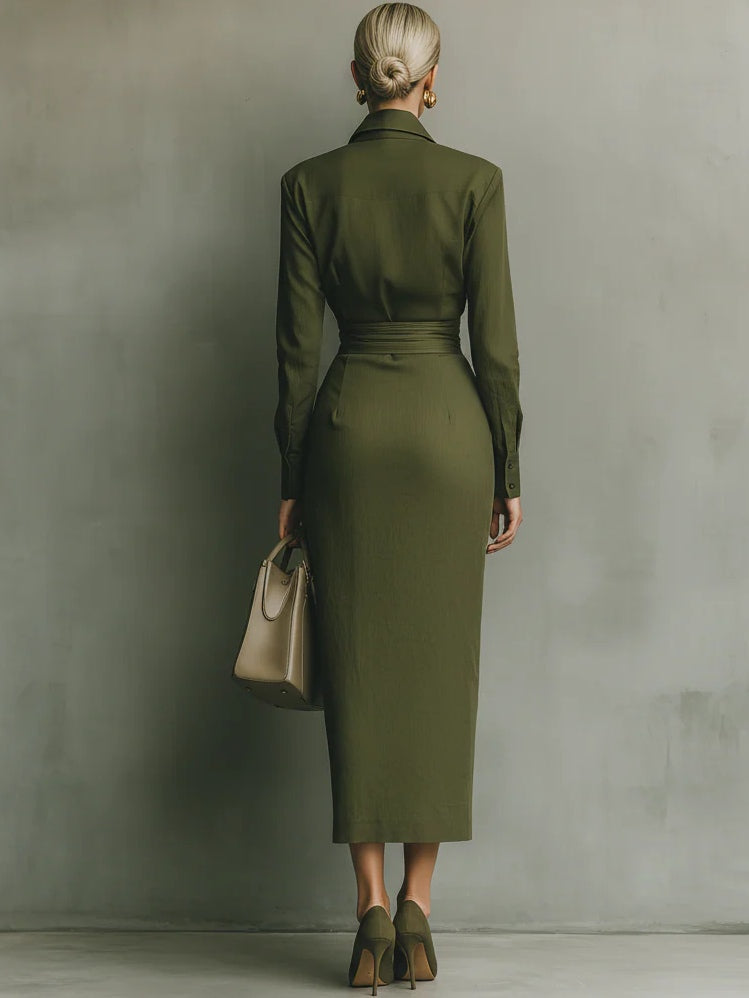 Army Green Tailored Long Sleeve Maxi Dress | Eva Collection 3