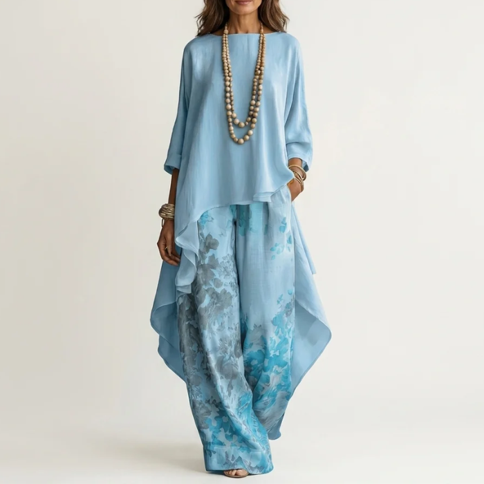 Asymmetric Tunic Relaxed Silhouette Cotton-Silk Two-Piece Set | Celeste Collection 0