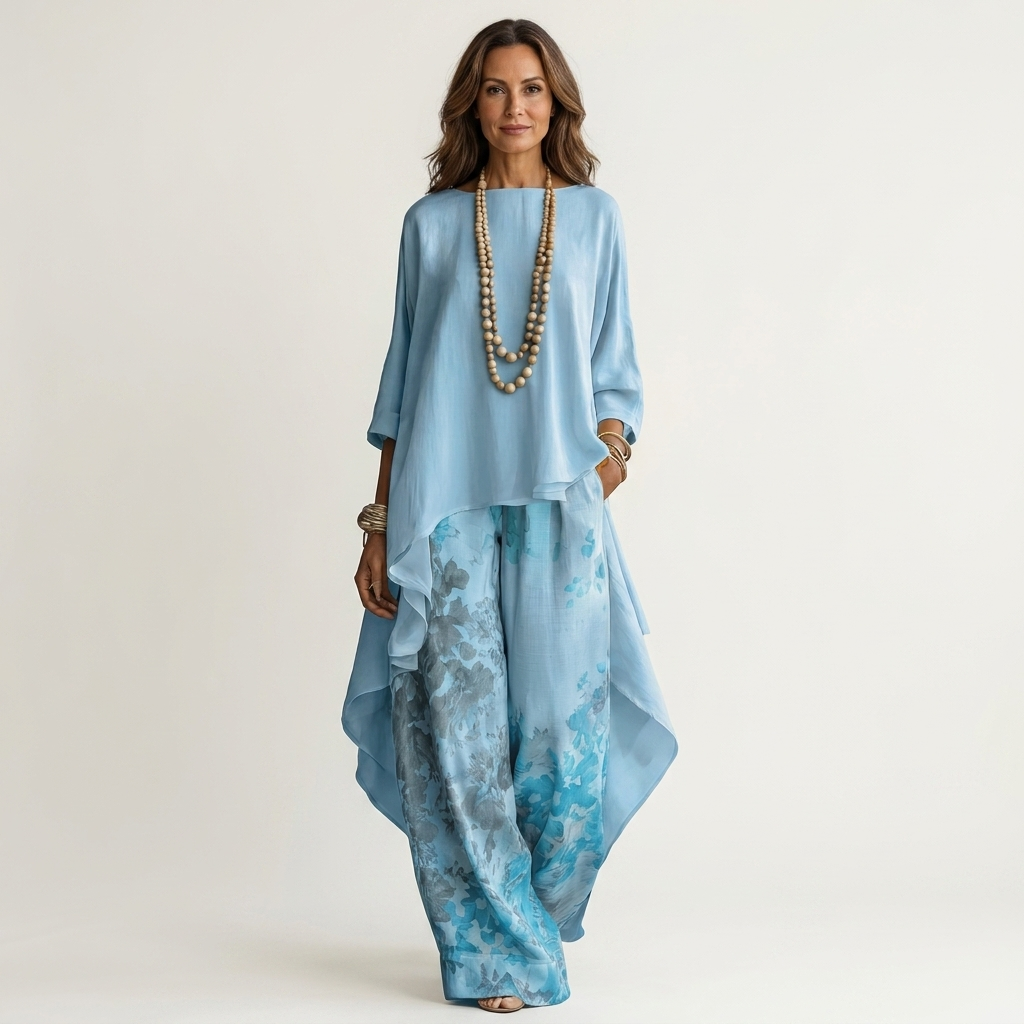 Asymmetric Tunic Relaxed Silhouette Cotton-Silk Two-Piece Set | Celeste Collection 1