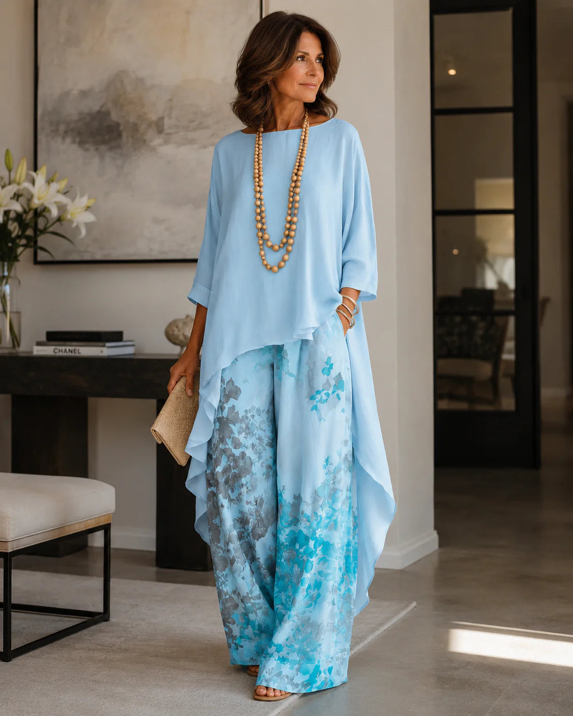 Asymmetric Tunic Relaxed Silhouette Cotton-Silk Two-Piece Set | Celeste Collection 3