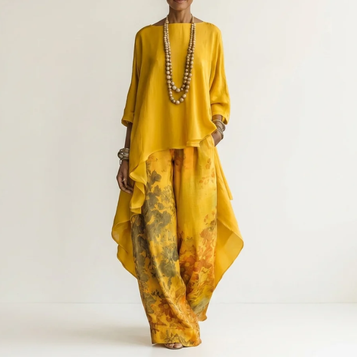 Asymmetric Tunic Relaxed Silhouette Cotton-Silk Two-Piece Set | Celeste Collection 8