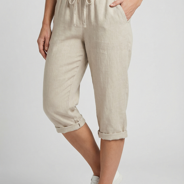 Beige Linen Elasticated Waist Capri Trousers with Side Pockets | Liora Collection 0