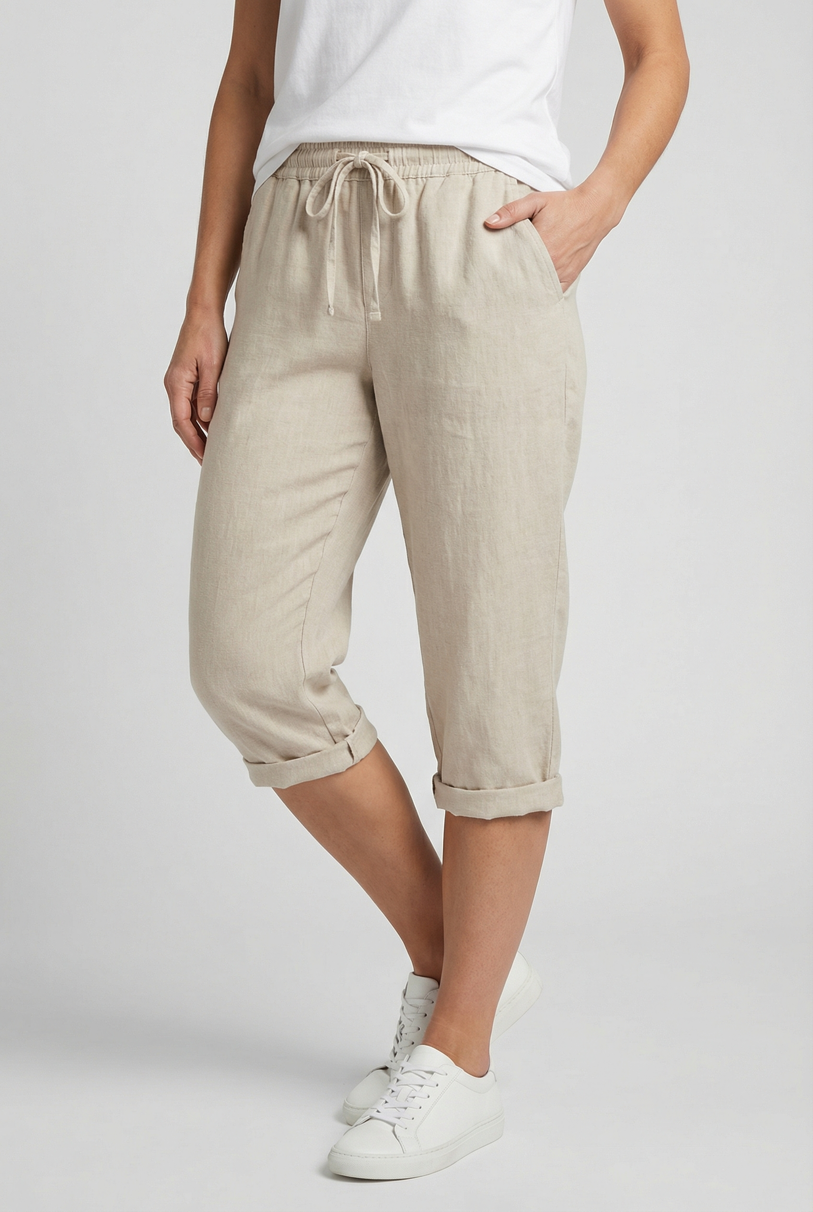 Beige Linen Elasticated Waist Capri Trousers with Side Pockets | Liora Collection 0
