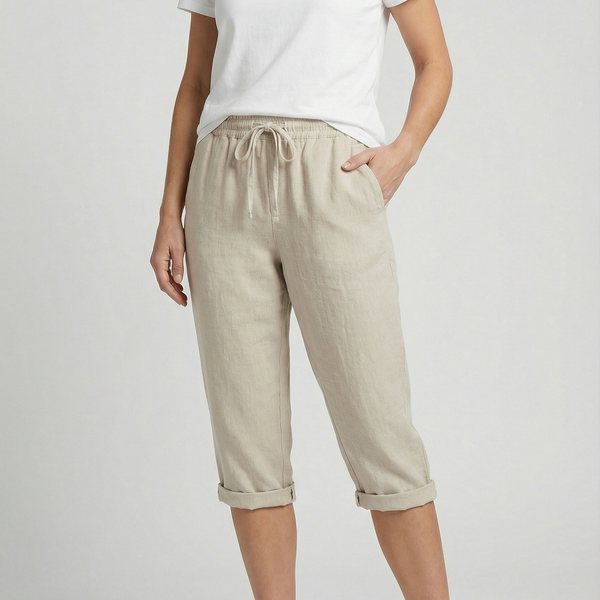 Beige Linen Elasticated Waist Capri Trousers with Side Pockets | Liora Collection 1