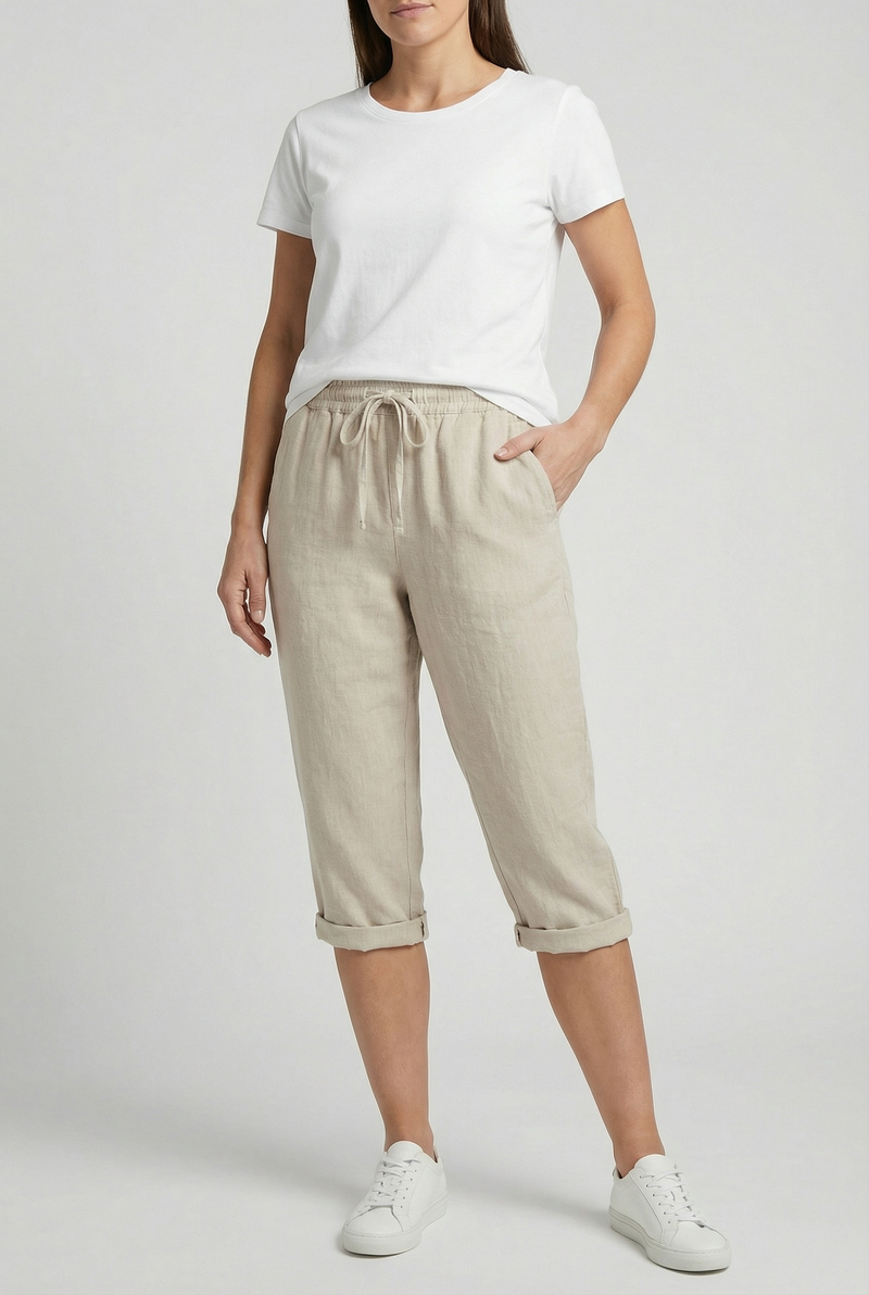 Beige Linen Elasticated Waist Capri Trousers with Side Pockets | Liora Collection 1