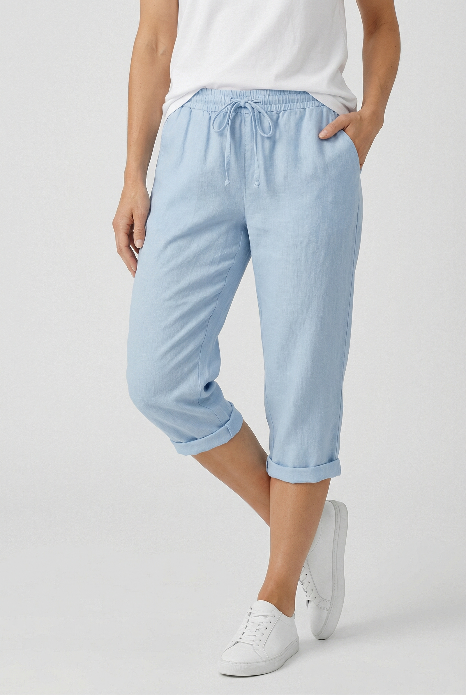 Beige Linen Elasticated Waist Capri Trousers with Side Pockets | Liora Collection 10