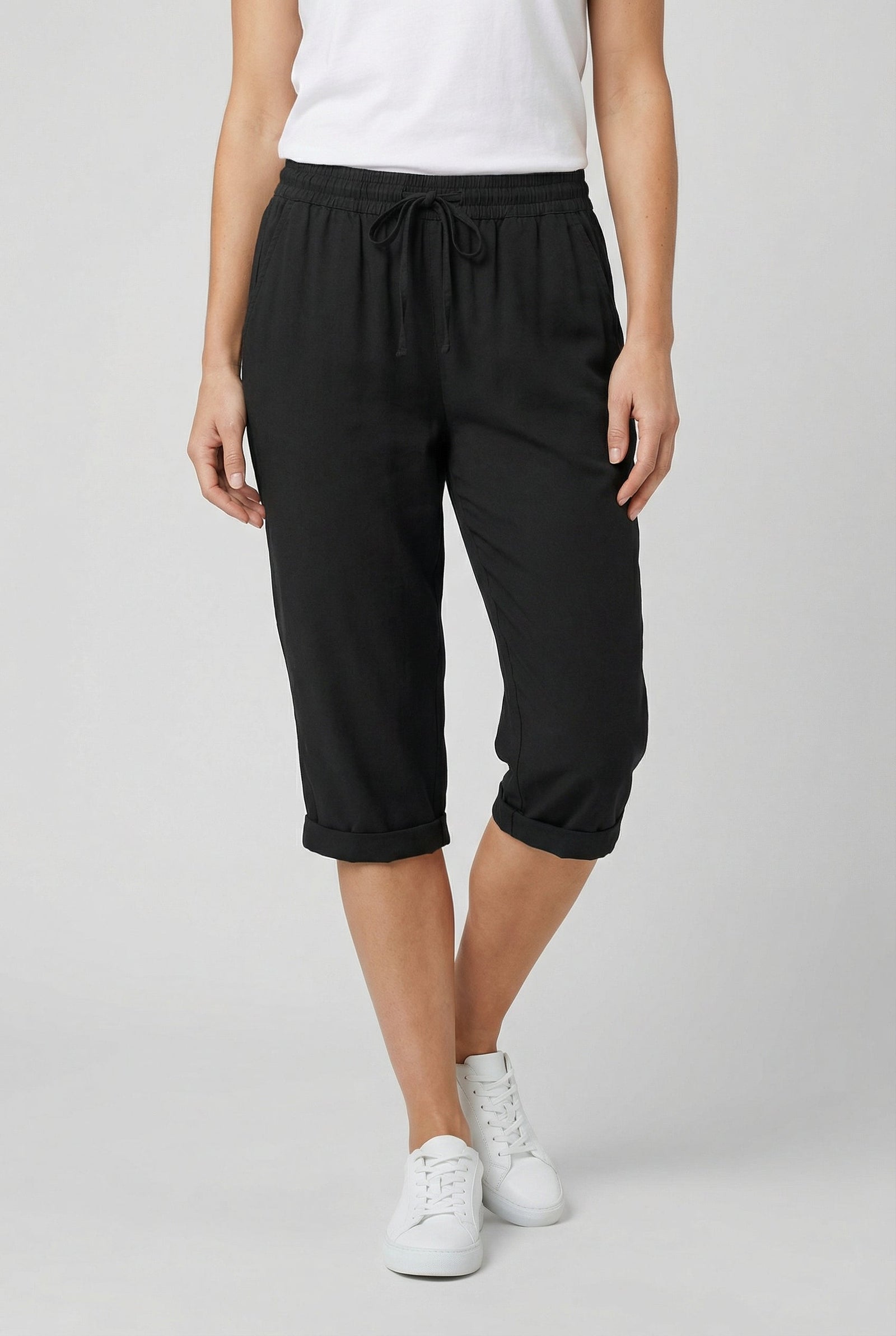 Beige Linen Elasticated Waist Capri Trousers with Side Pockets | Liora Collection 11