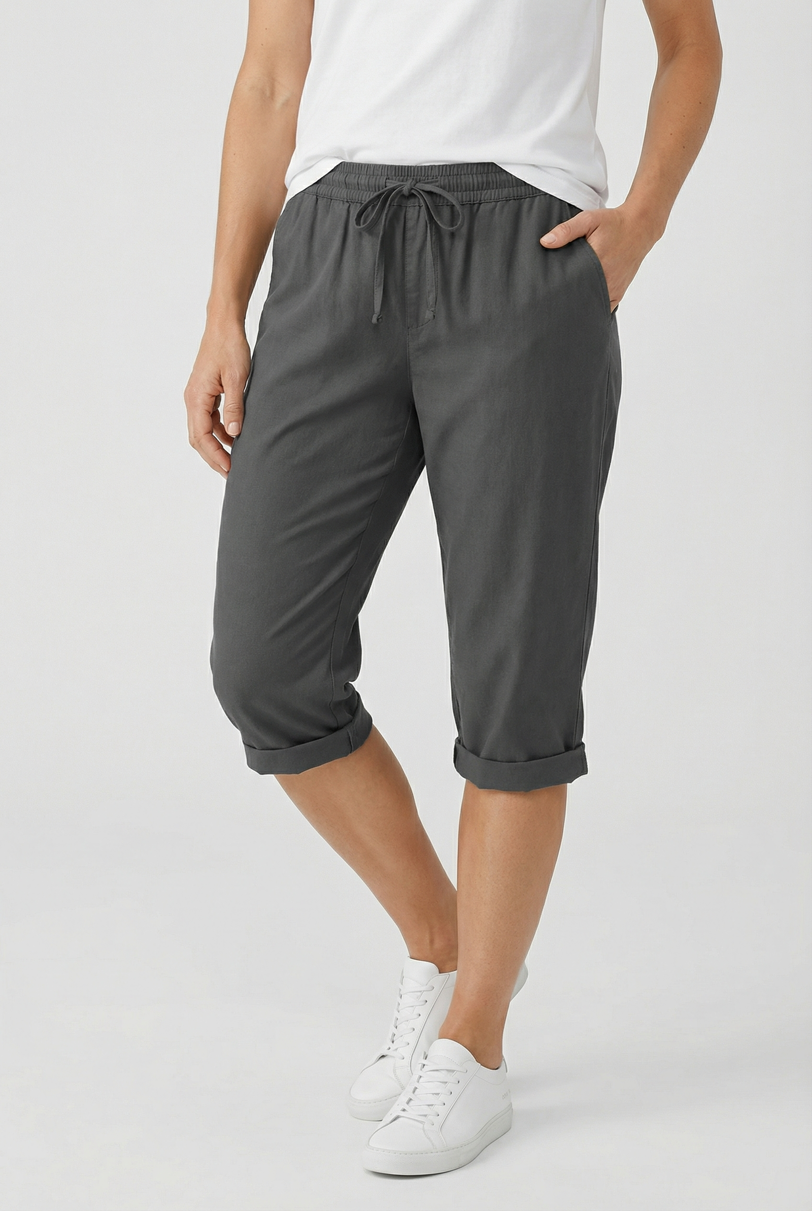 Beige Linen Elasticated Waist Capri Trousers with Side Pockets | Liora Collection 12