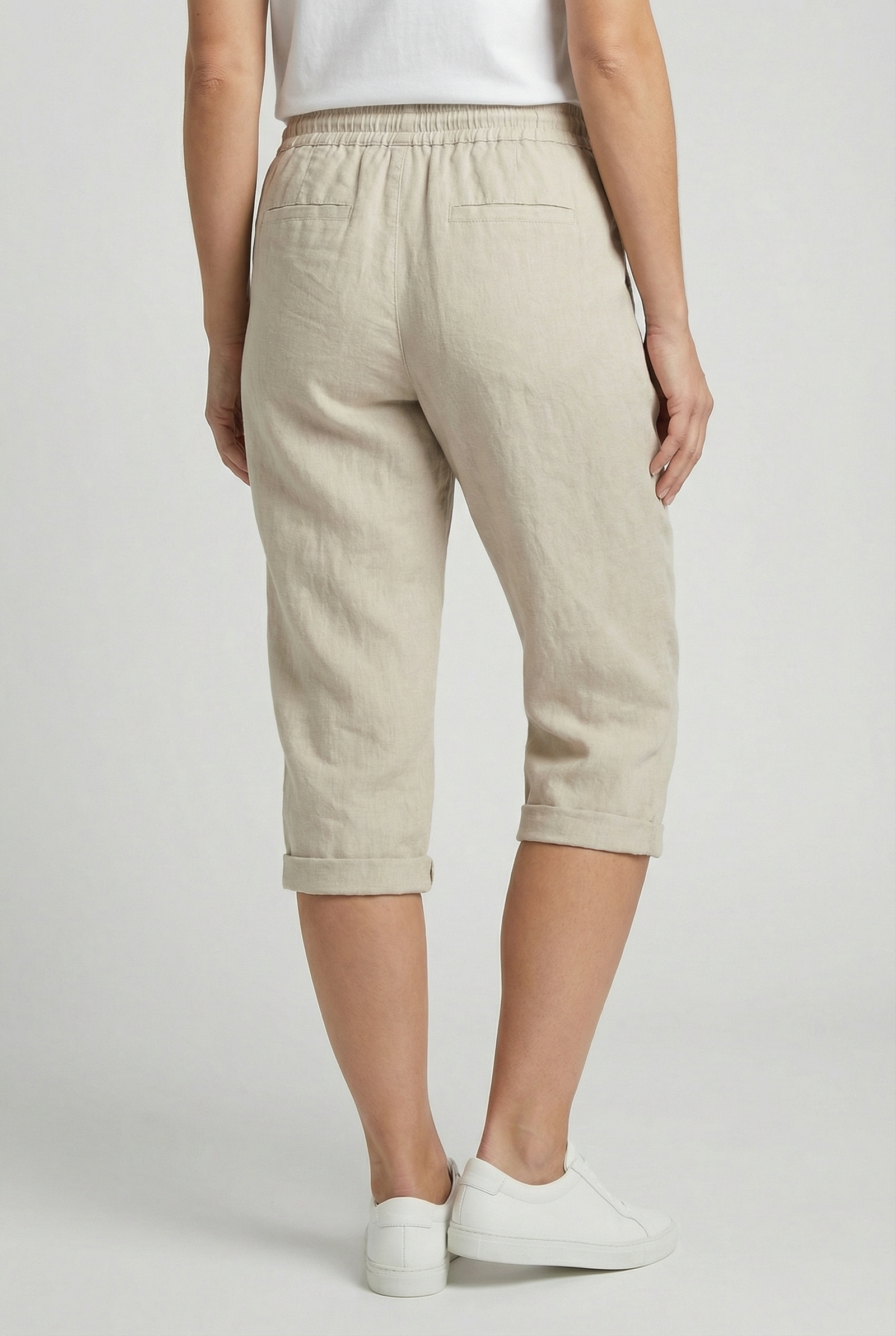Beige Linen Elasticated Waist Capri Trousers with Side Pockets | Liora Collection 3