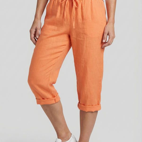 Beige Linen Elasticated Waist Capri Trousers with Side Pockets | Liora Collection 4