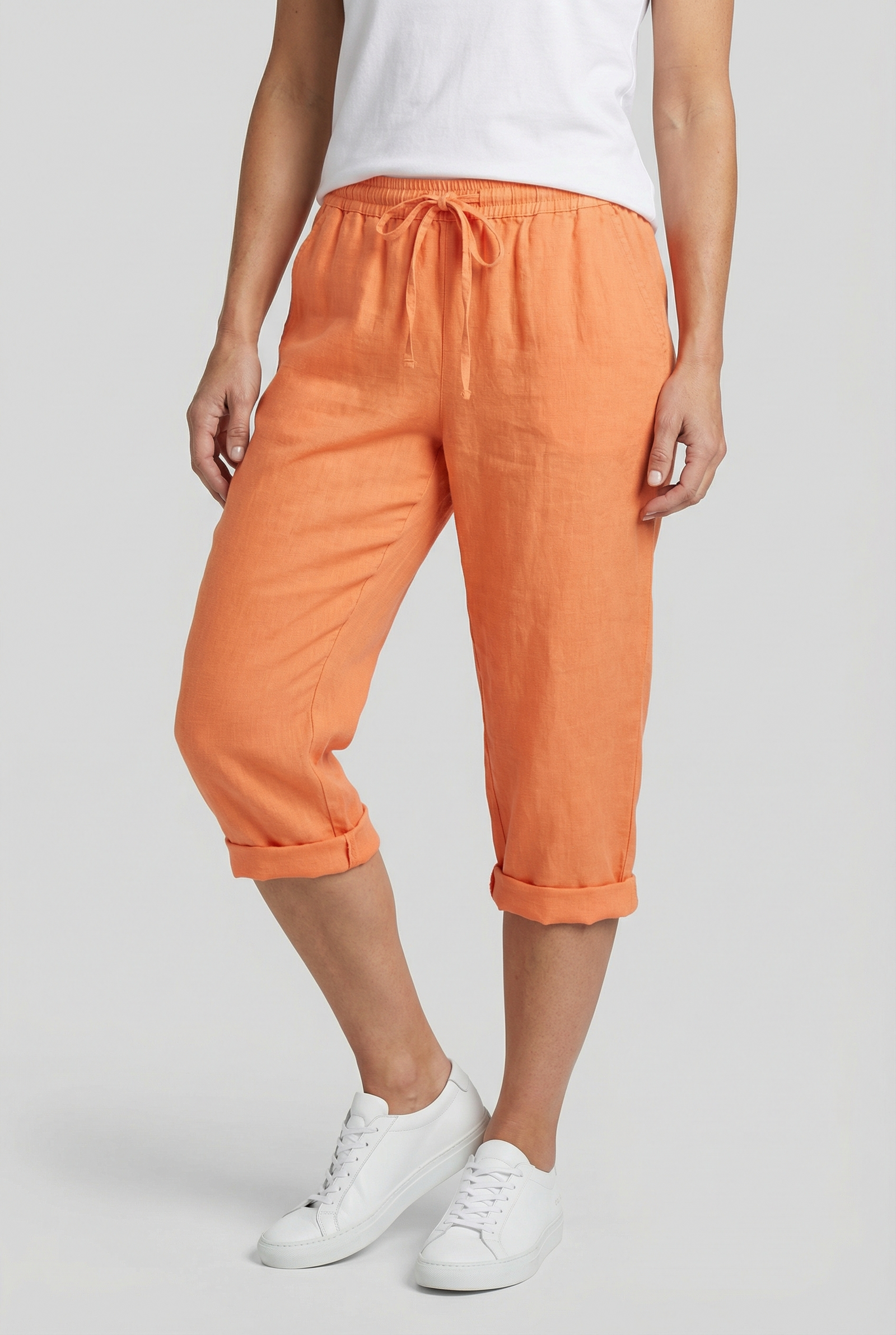 Beige Linen Elasticated Waist Capri Trousers with Side Pockets | Liora Collection 4